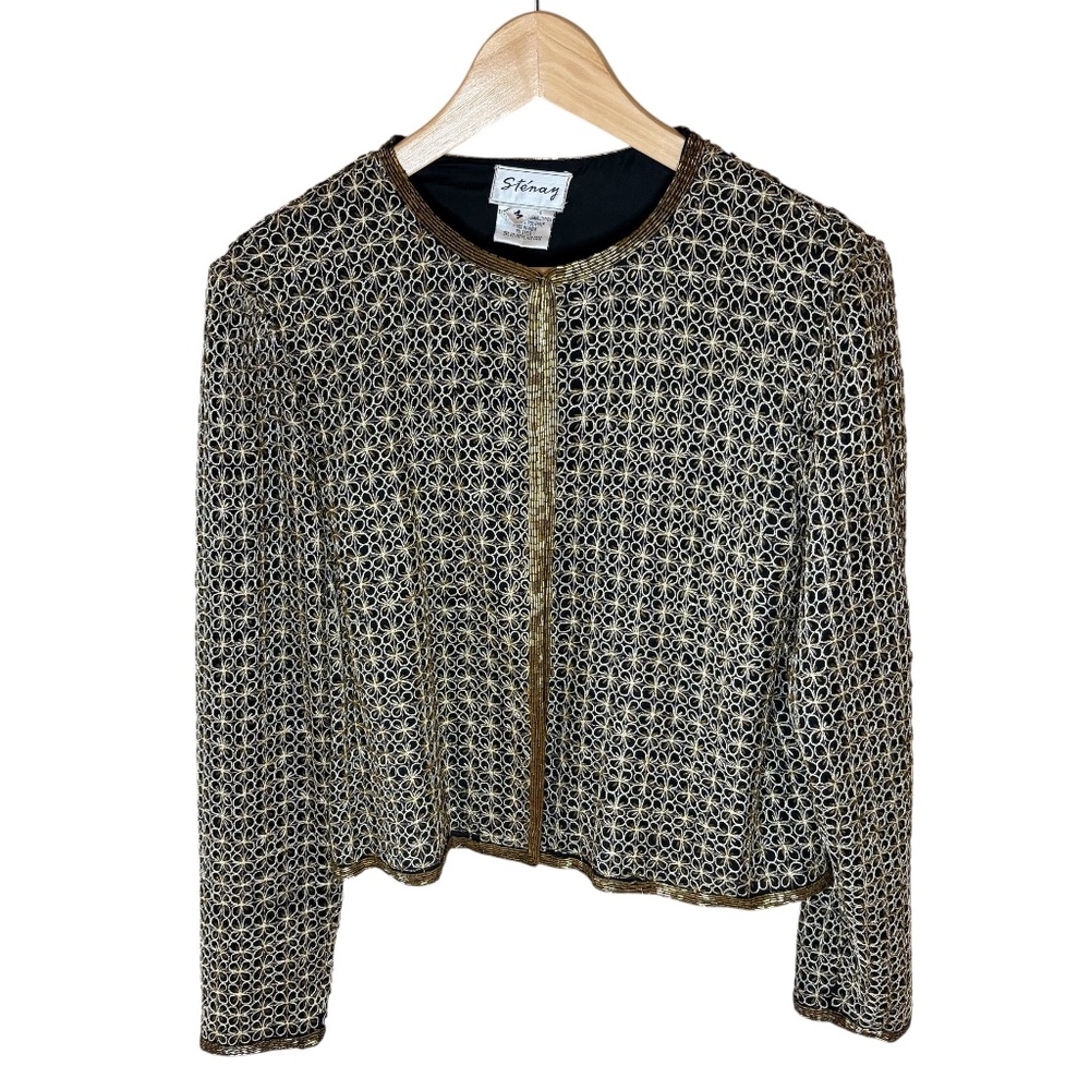 Vintage Stenay 100%‎ Silk Beaded Floral Cardigan Hook Closure - 1980s - 1990s